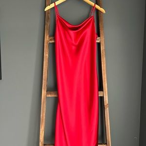 bebe satin red dress with cowl neck. Mid-calf length. NEW with tags, never worn.